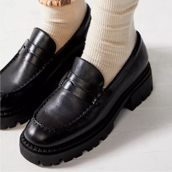 Free People Black Leather Chunky Lug Sole Heeled Lyra Loafers Size EU 37 US 7 - Picture 1 of 12